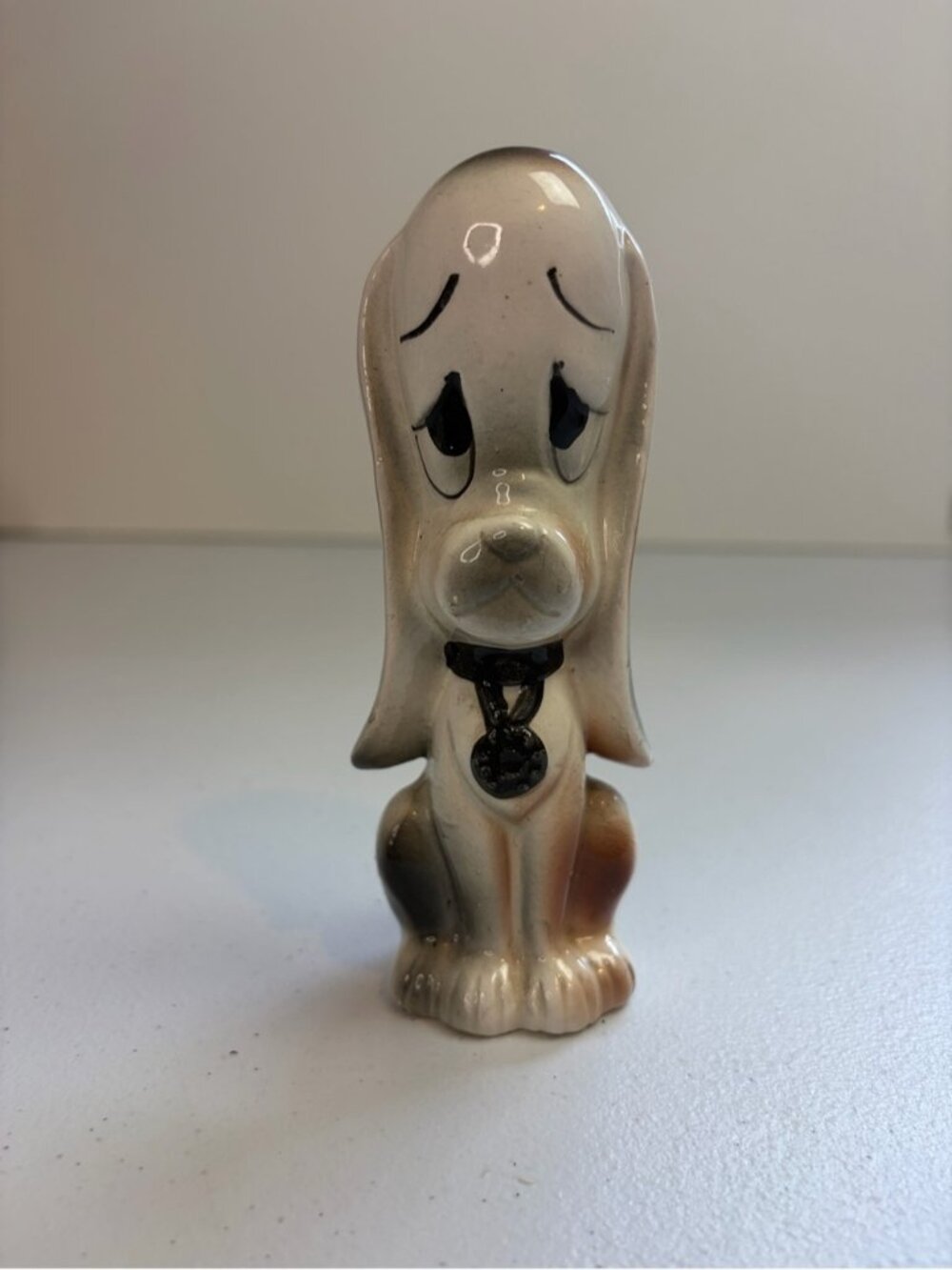 Vintage Porcelain Sad Basset Hound Dog Figurine Brown White mcm Mid Century 60s
